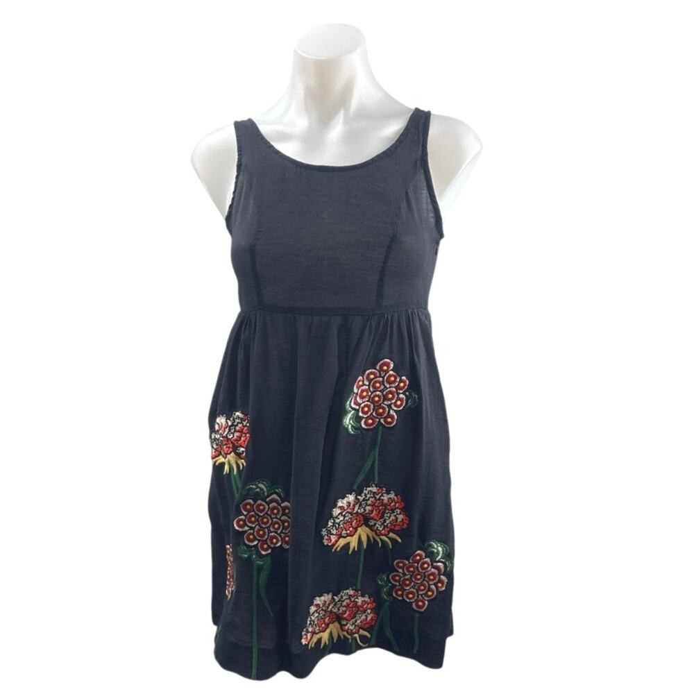 Kanvas Women's Black Floral Embroidery Sleeveless Mini Tank Flare A-Line Dress S
